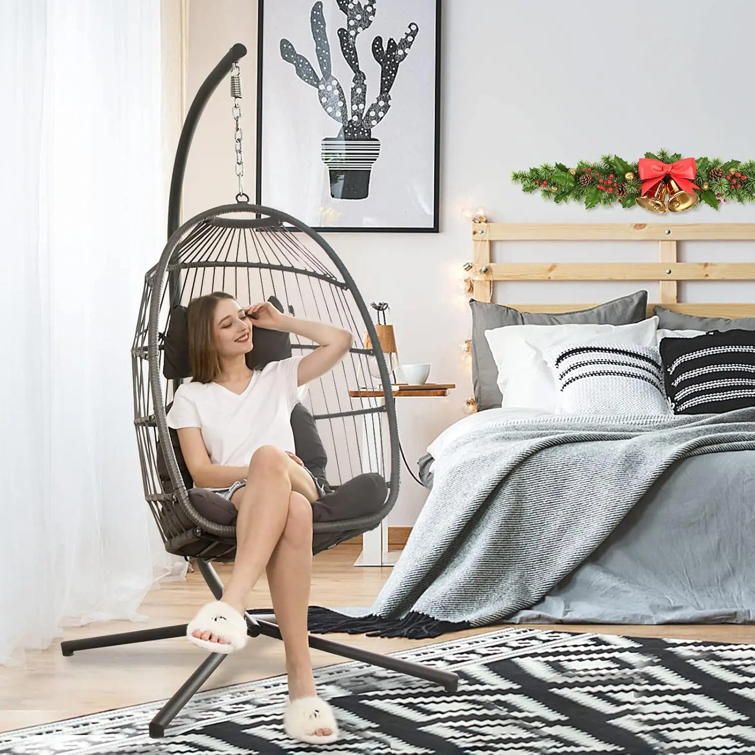 Double Egg Swing Chair with Stand Indoor Oversized Egg Chair Gray Cushion 2 Person Swing Outdoor Large Hanging Chair