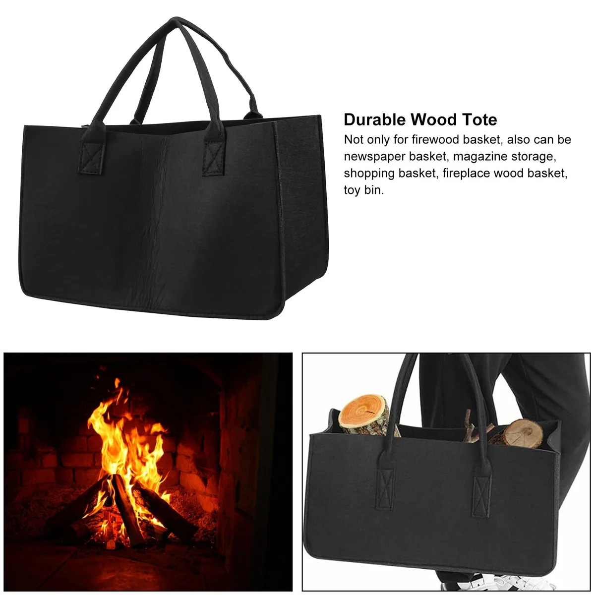 Bolsa de almacenamiento de fieltro de madera para chimenea, cesta para revistas, bolsillo para leña, cesta plegable de fieltro para soporte de leña, color negro