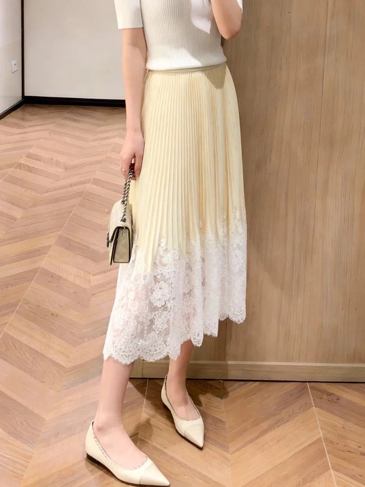 

Длинная плиссированная юбка миди, элегантная и изысканная женская юбка А-силуэта с кружевной отделкой и атласом, новый стиль для лета 2026 года.