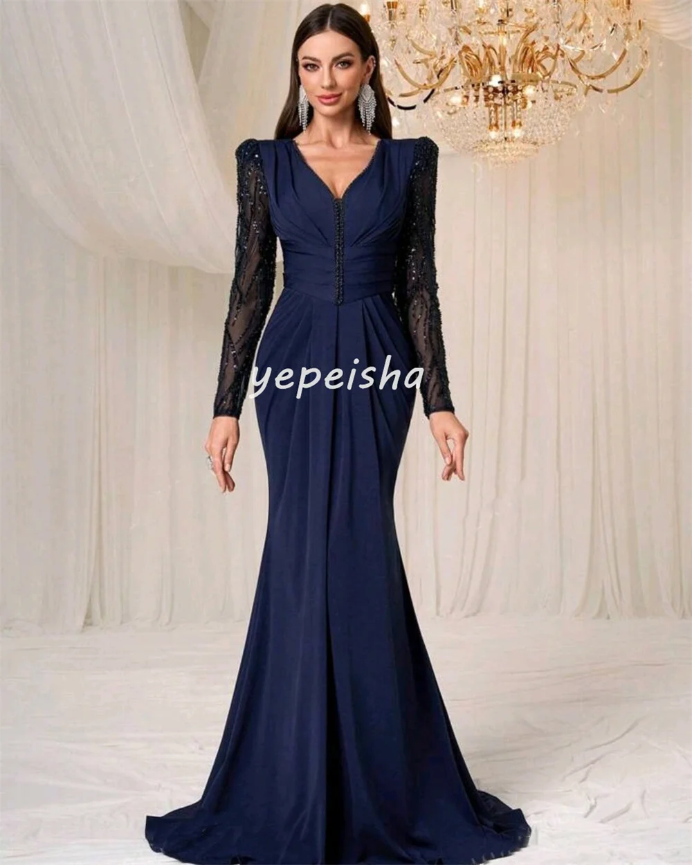 Personalizado sexy combinando chiffon plissado drapeado miçangas lantejoulas sereia com decote em v vestidos longos sob medida vestidos de ocasião de alta qualidade