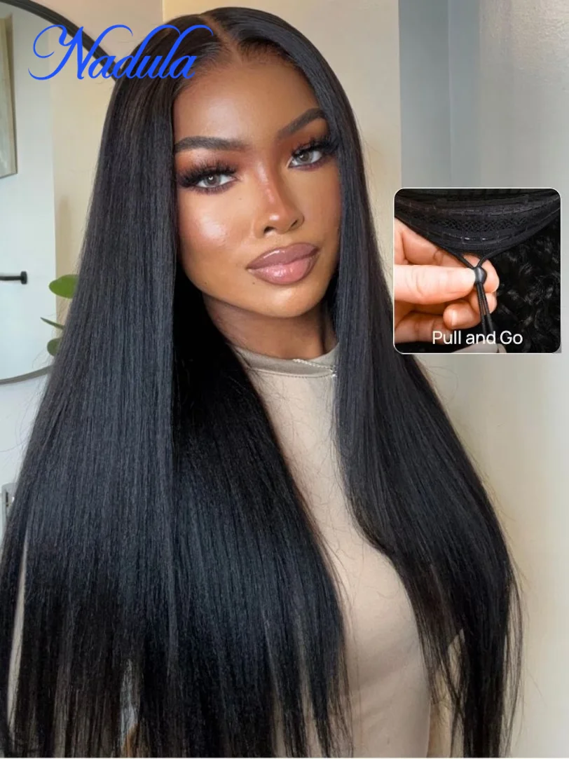 Nadula Hair 7x5 Bye Bye Knots Yaki Straight Glueless Wig With Elastic Drawstring 100% Human Hair Put On And Go Glueless Lace Wig