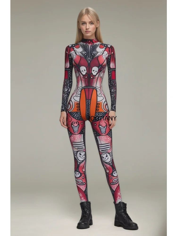 Bunter Kunst-Graffiti-Skelett-Schädel-Bodysuit Halloween Enger Roboter-Cosplay-Jumpsuit Rave-Festival-Club-Wear Catsuit-Kostüm – Detail 20