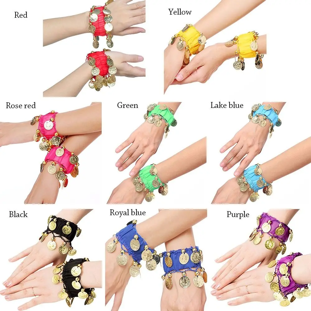 1 paio di accessori per la danza del ventre bracciale in Chiffon con moneta d'oro braccialetti da polso per danza del ventre bracciale a sonagli con polsino a mano