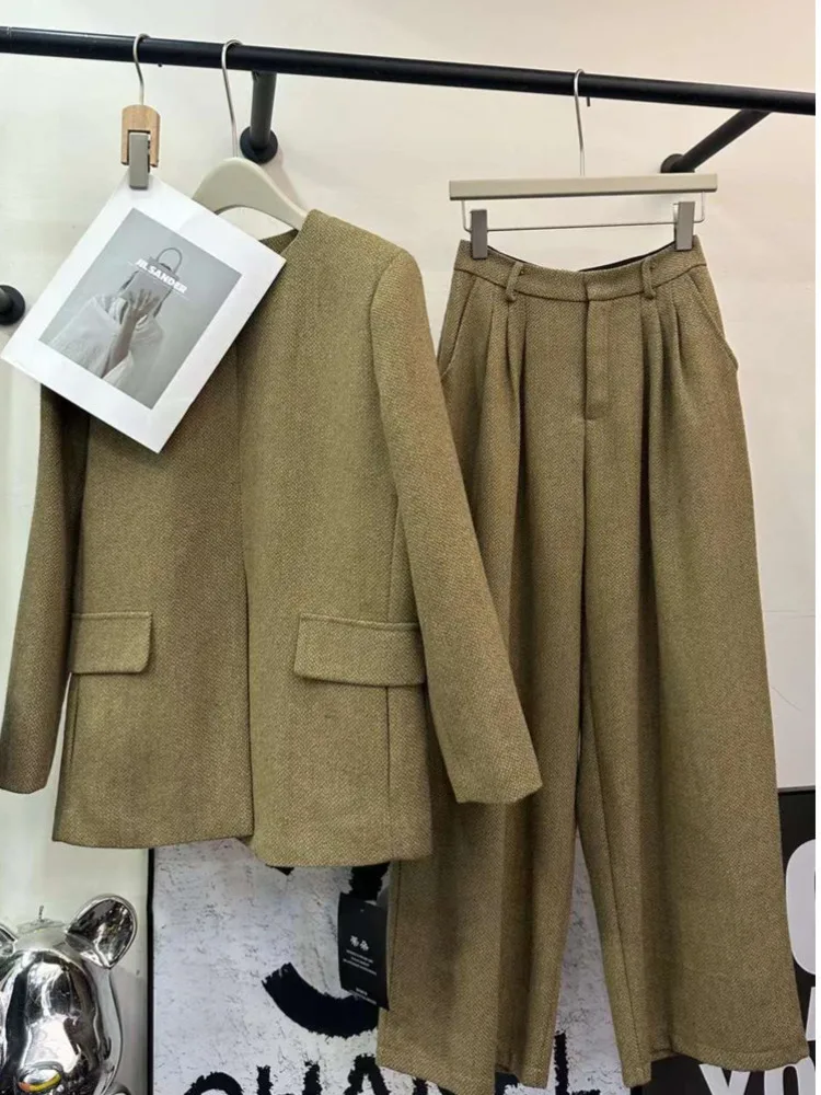 DEAT-Conjunto de 2 uds de moda para mujer, chaqueta sencilla holgada con cuello redondo, traje de pantalón recto con arrugas trituradas de cintura alta, invierno 2024