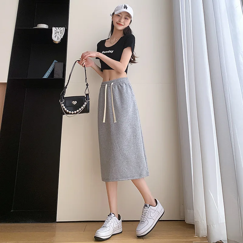 Elastic Waist Lace up Sports Skirts For Woman Spring Summer Loose Casual Buttocks A-line Long Skirt With Pockets Slimming Skirt