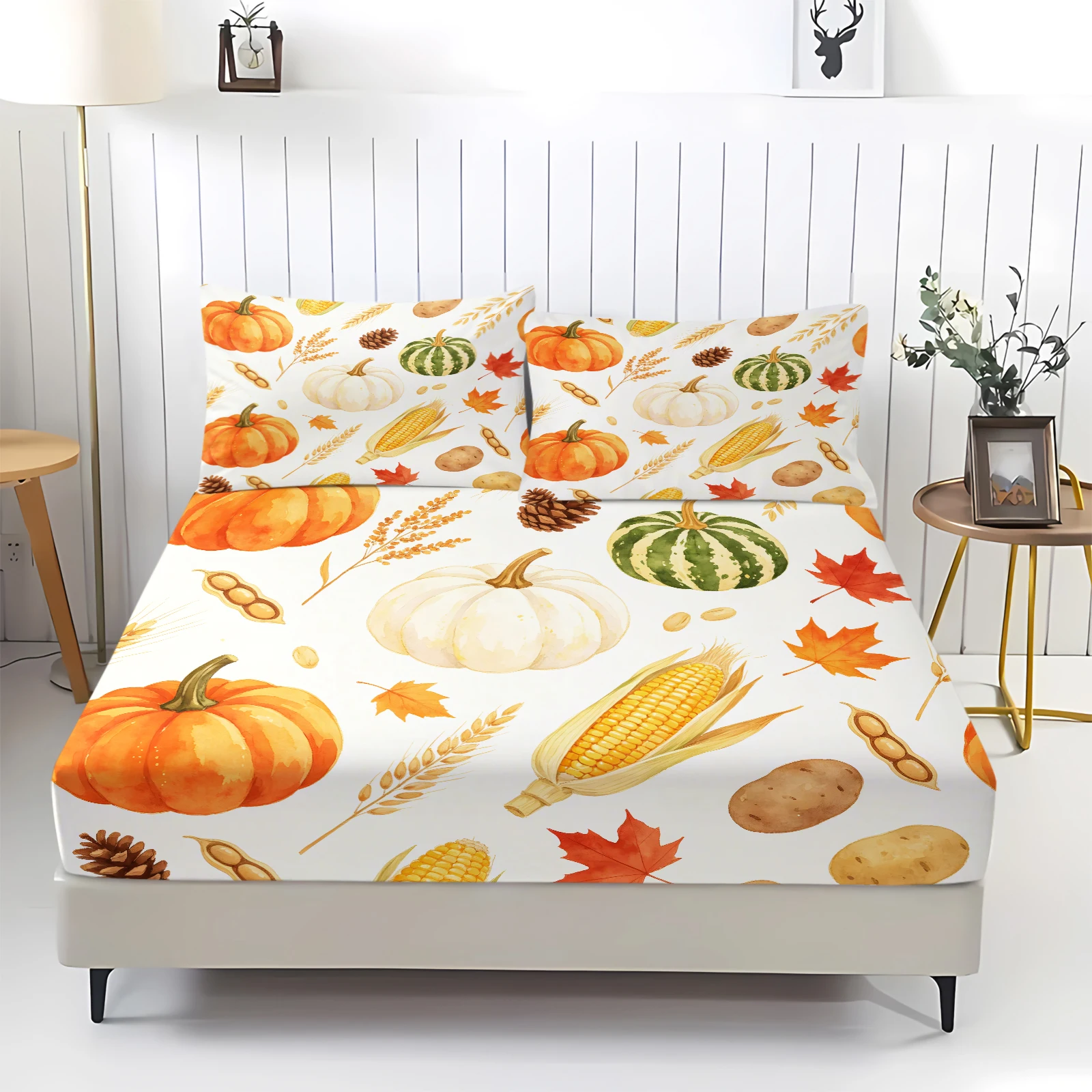 Watercolor Autumn Harvest Fitted Sheet Set Pumpkin Corn Potato Maple Leaf Print Elastic Mattress Cover Thanksgiving Home Decor