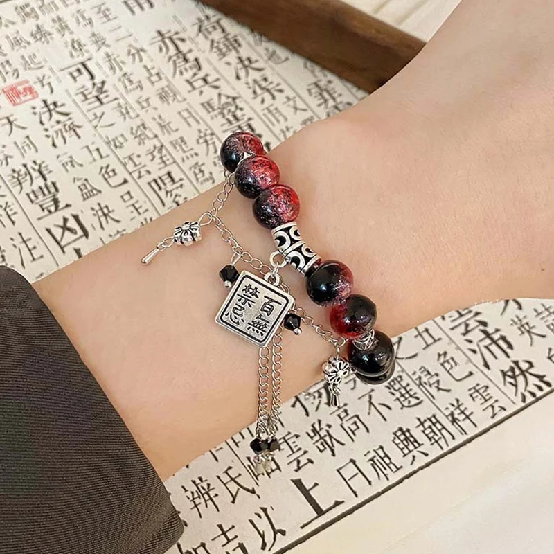 Rotes Perlen armband im chinesischen Stil für Frauen, die Schmetterlings quasten ketten anhänger armbänder mit dunklem gotischem Schmuck – Detail 7