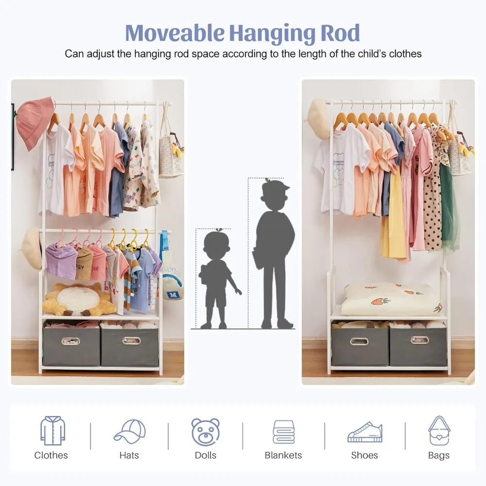 رف ملابس للأطفال مصنوع من الخيزران مع سلتين للتخزين وقضبان تعليق قابلة للتعديل، وحامل ملابس للأطفال مع رف، وحامل تلبيس f #3