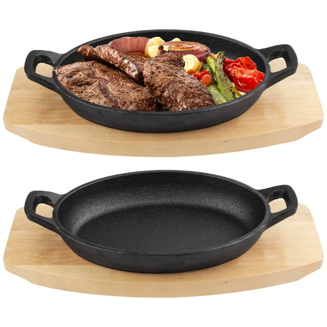 Juego de 2 sartenes de hierro fundido con Base de madera, Mini placa Fajita de hierro fundido, Base de madera, panadero de hierro fundido, sartén pequeña de hierro fundido negro mate