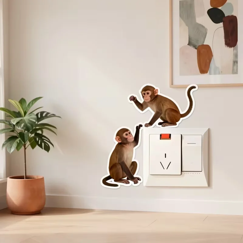 2pc cute monkey switch sticker, monkey interactive decorative sticker, suitable for switch and socket decoration, self-adhesive