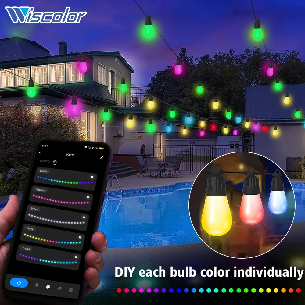 Wiscolor Commercial Grade Waterproof Outdoor RGB LED String Lights S14 Bulb Wifi Tuya Festoon Garden LED Lights