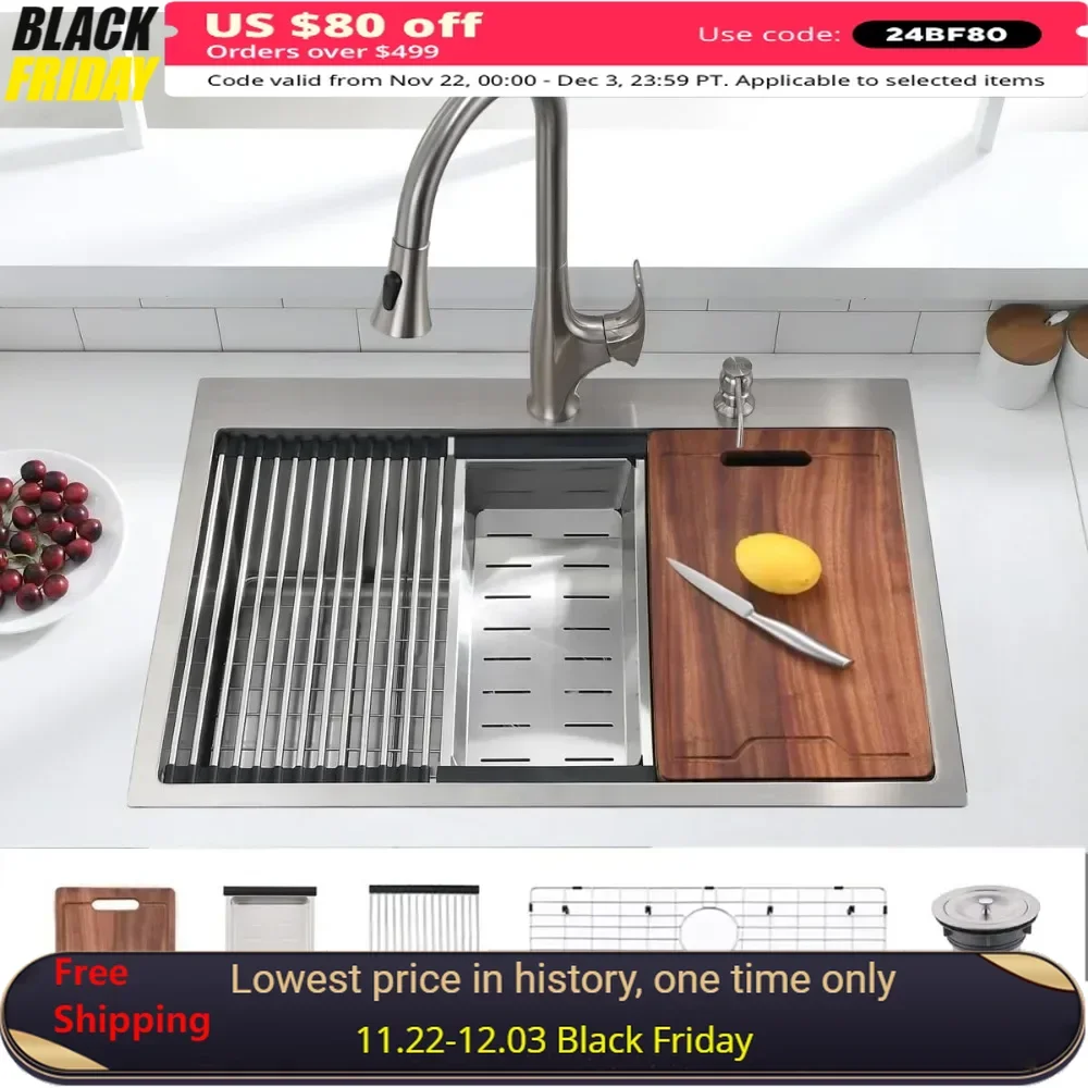 33in Kitchen Sink - 33 X22Inch Single Bowl Kitchen Sinks 16 Gauge Stainless Steel 10'' Deep Handmade Kitchen Sink