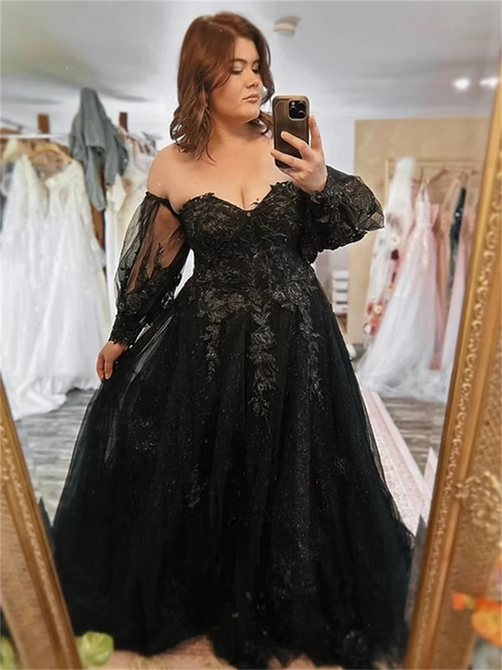 Tokyo – robe de mariée noire personnalisée, épaules dénudées, manches longues, ligne a, élégante, longueur au sol, 2025