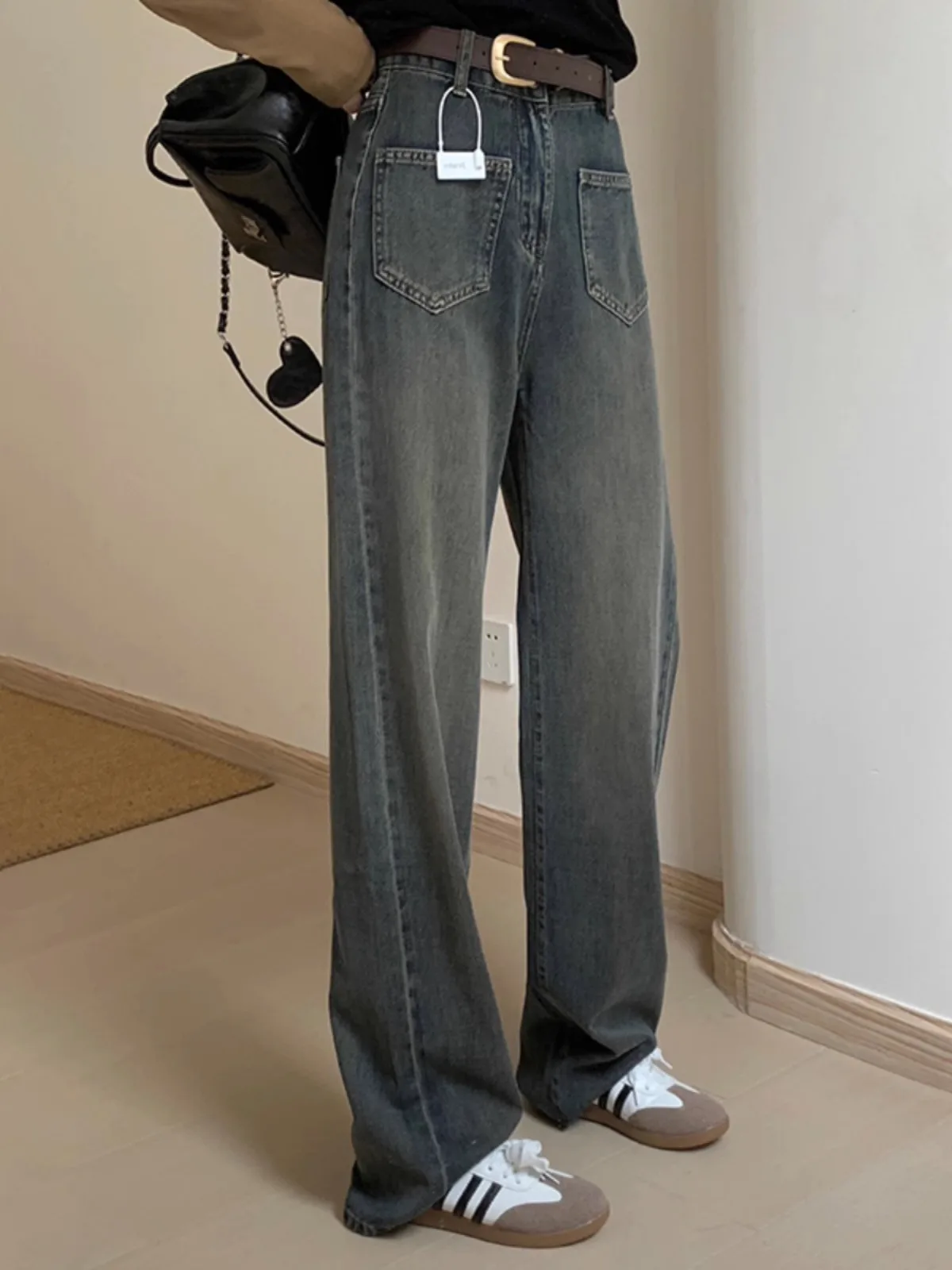 

High Waist Straight Leg Soft Cotton Jeans Dark Grey Casual Women's Long Trousers Autumn Fashion plus Size Wide Leg Pants