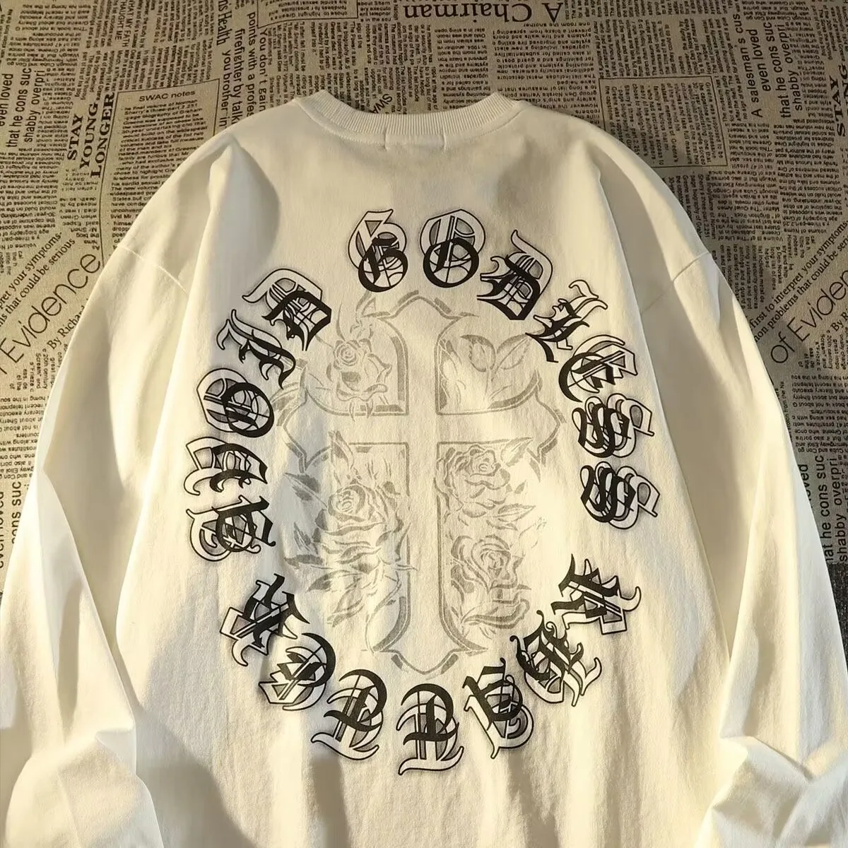 American Street Cross Print T-shirt Men Autumn 2025 New 100% Cotton Oversize Loose Long sleeves T-shirt Top Y2k Couple clothing