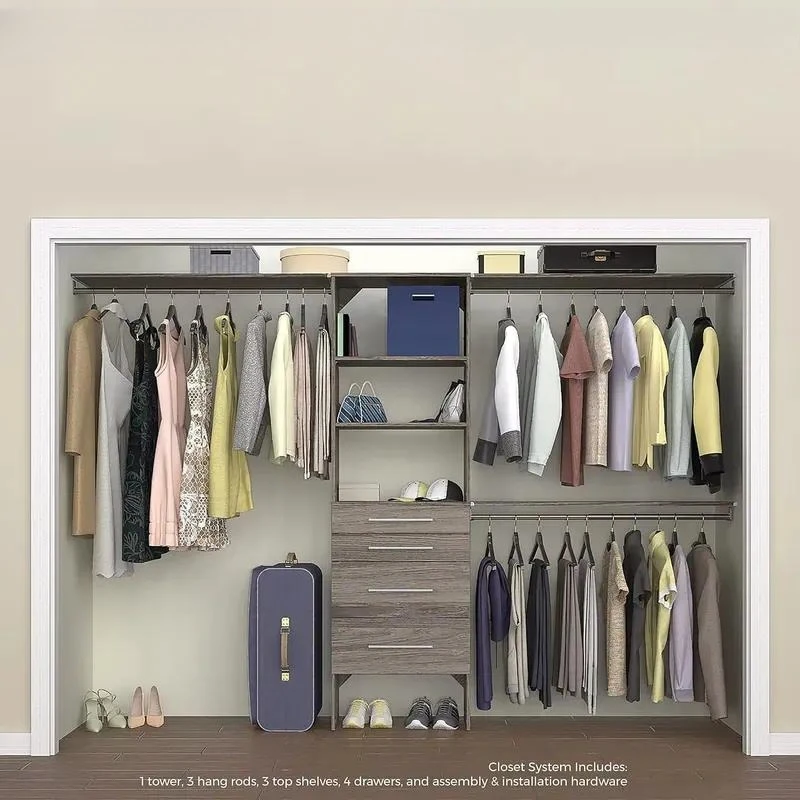 Grey Swing Wardrobe Kit 110 Floor Modular System 4 Tower Units 10 Drawers 16 Shelves 4 Hangers