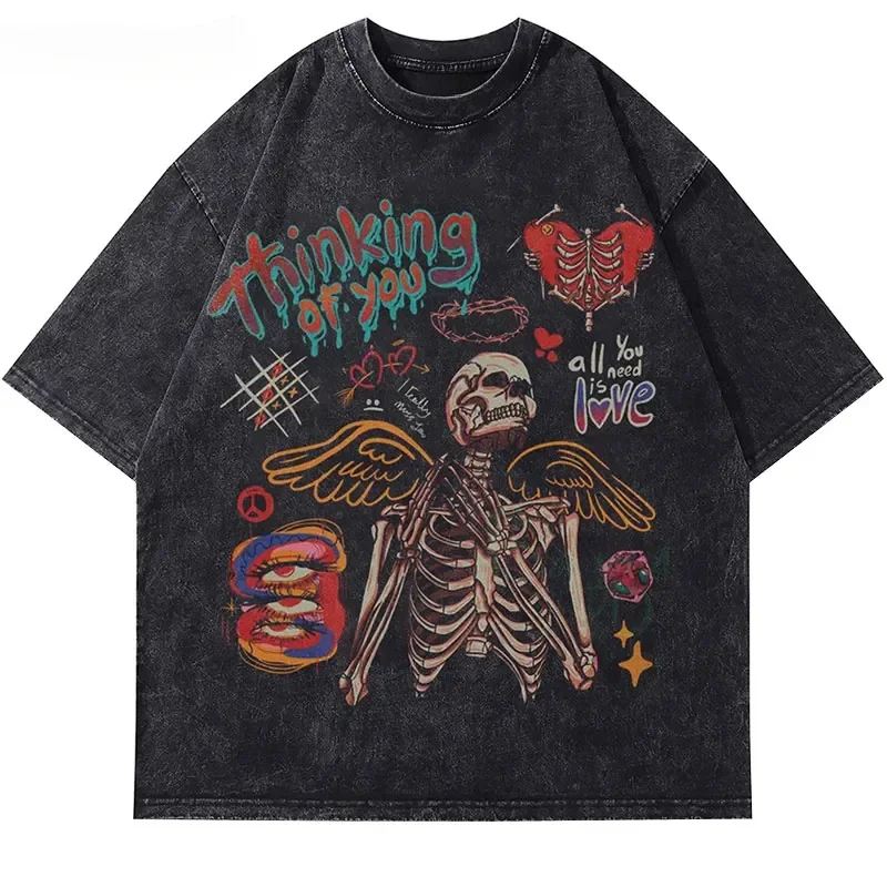 

Винтажная хлопковая футболка в стиле гранж, забавная граффити, череп, скелет, сердце, графический принт, футболка в стиле панк, уличная одежда, топы в стиле хип-хоп