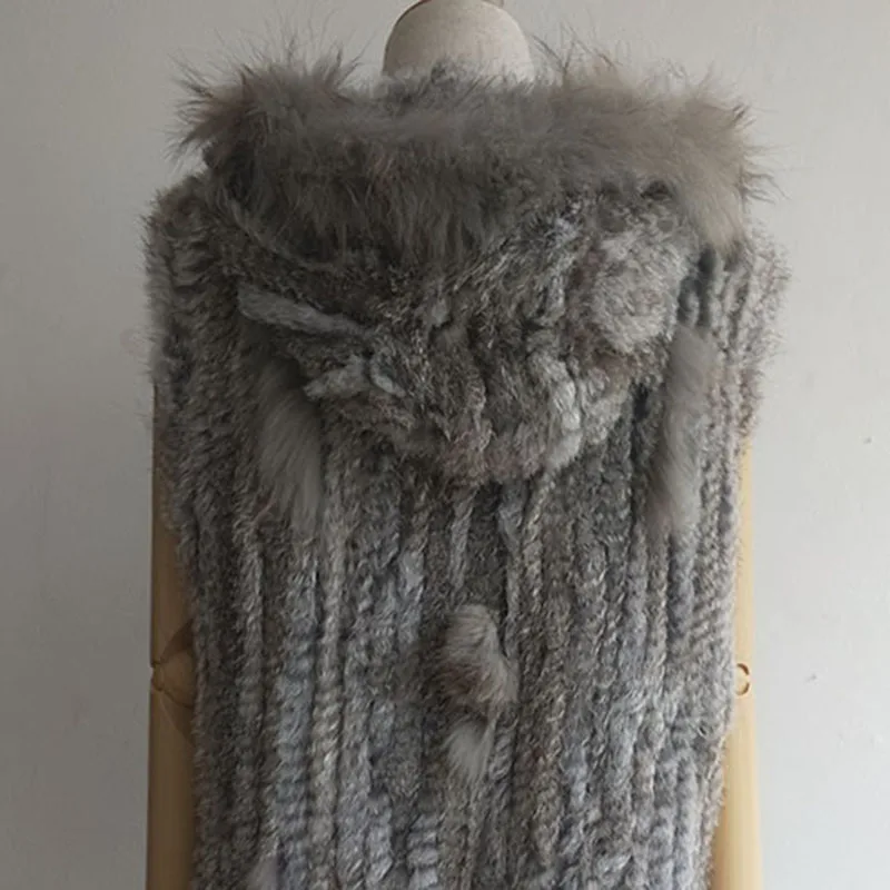 Gilet à capuche en fourrure de lapin véritable pour femme, glaçure en fourrure de raton laveur véritable, mode, vêtements d'extérieur en fibre de lapin véritable