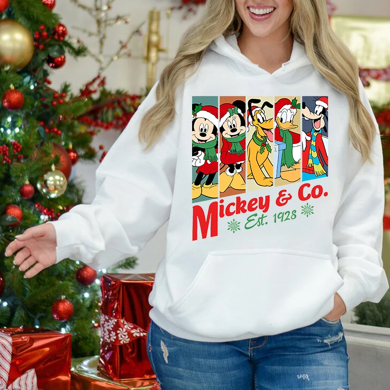 Mickey Mouse Christmas Print Women\'s Autumn and Winter Hoodie Plus Velvet Sports Sweater White Loose Top