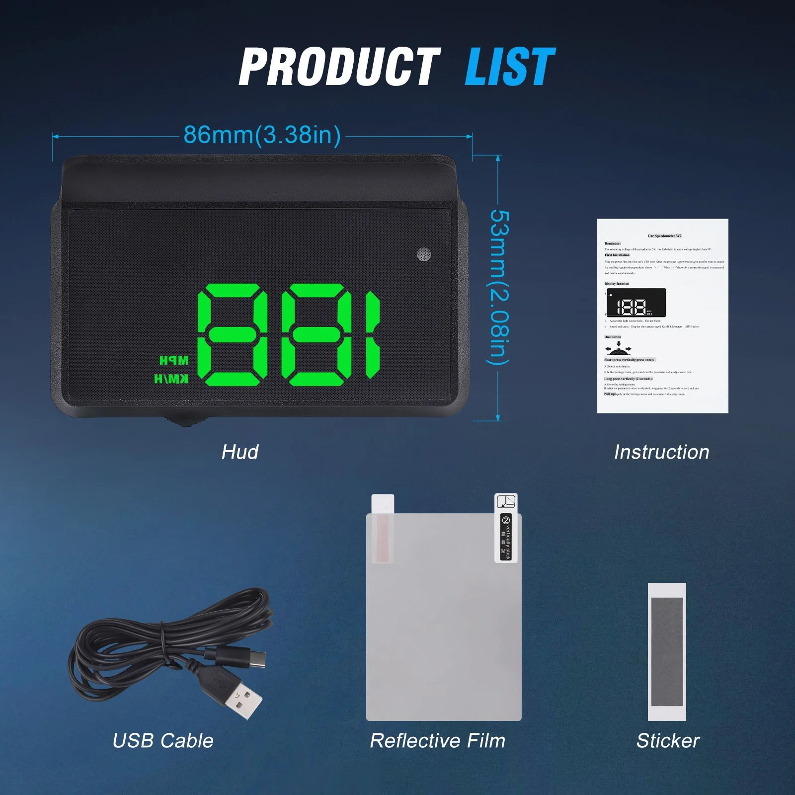W2 HUD Digital Speedometer For Vehicles Green Reflective Overspeed Warning Real-Time Speed Projection 5V Setting Button KM/H MPH
