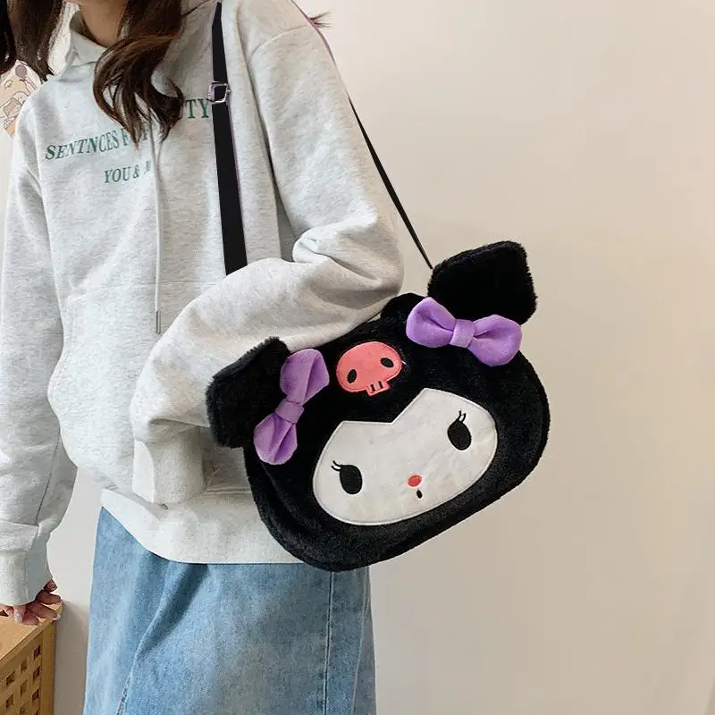 Ins Sanrios Crossbody Bag Kuromi Velvet Tote Bag Tuition Bag Cute Anime Figure Cinnamoroll Kawaii Cartoon Handbag Girl Gift