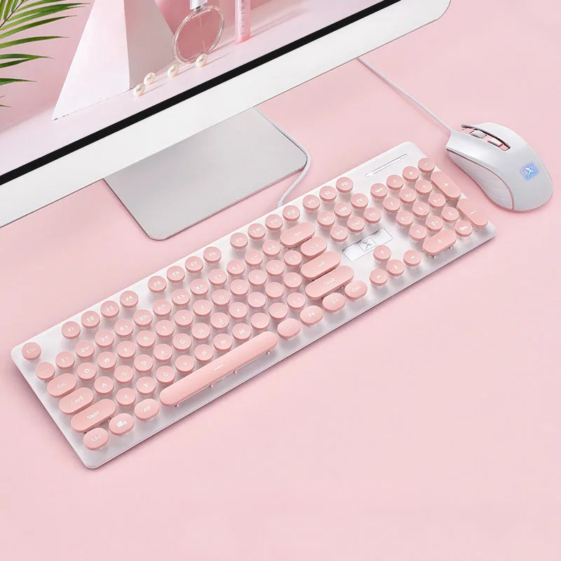 Pink Retro Wired Gaming Keyboard and Mouse Kit Round Keycap Steampunk Keyboard Multimedia Button 1800DPI Mouse for PC Laptop