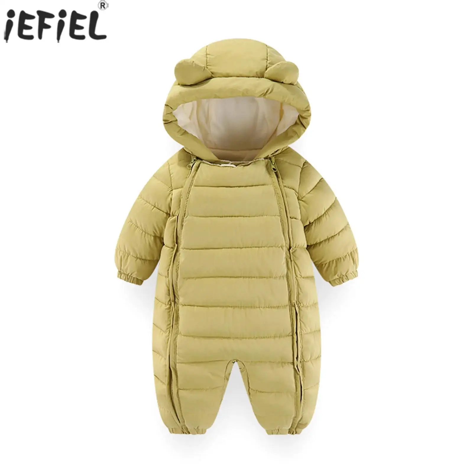 Baby Boys Girls Winter Snowsuit Long Sleeve Solid Color Hooded Double Zipper Romper Thicken Warm Jumpsuit Coat Infant Daily Wear