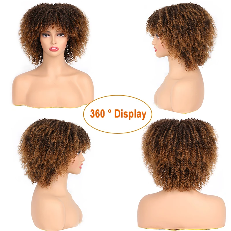 Short Hair Curly Afro Wigs With Bangs For Black Women Synthetic Natural Afro Kinky Curly Hair Wigs High Temperature Ombre Color