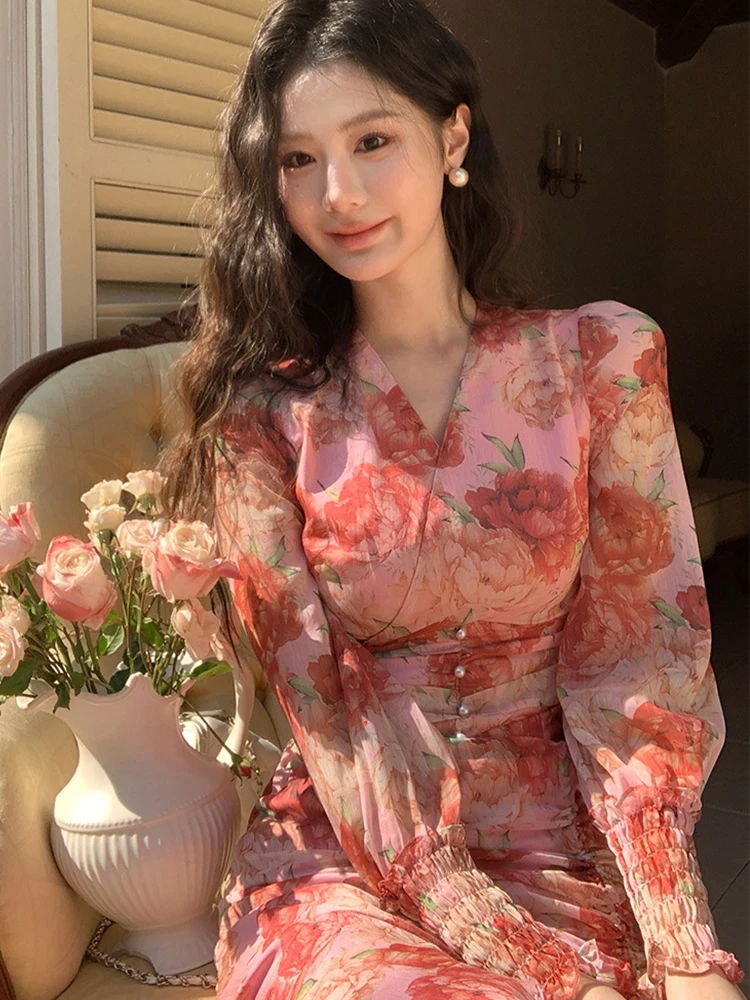 Ropa de mujer de gasa dulce estampado Floral Puff manga cordón ajustado Midi Vestido de cola de pez elegante Vestido de fiesta Casual otoño nuevo