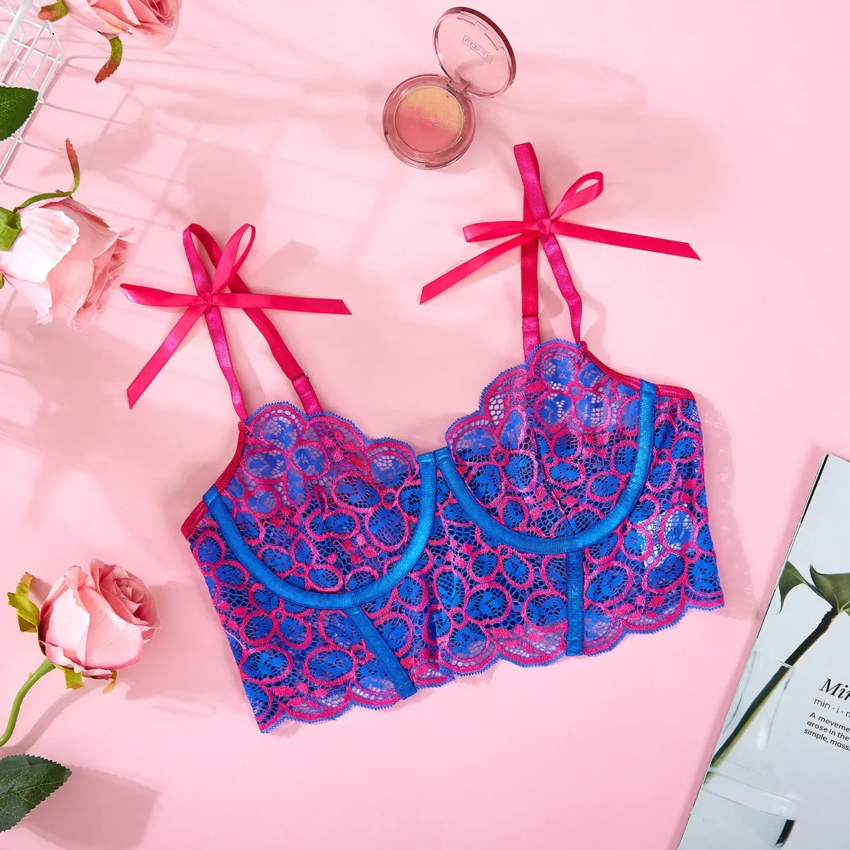 Floral Corselets Color Blocking Underwear Women's Bustier Bra Cropped Top Lace Hollow Sexy Lingerie Bownot Bralette Vest Corset image 5