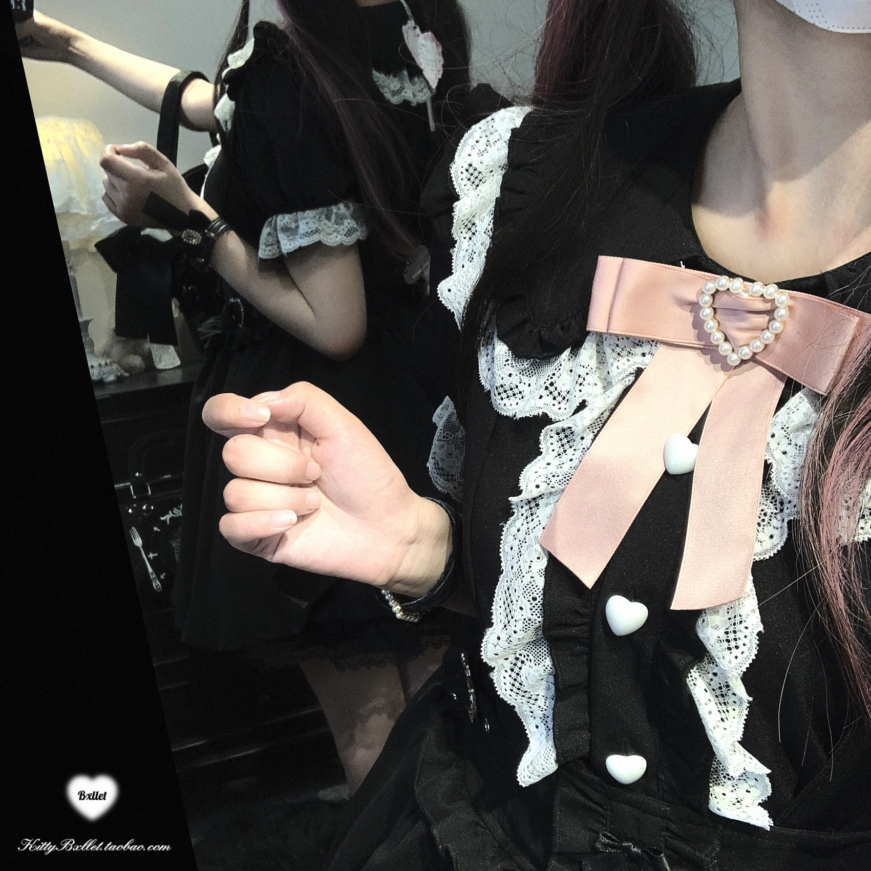 Lace Trim Top Landmine Series Heart Button Sweet Cool Short Shirt Bubble Short Sleeve Chiffon Shirt Crop Top Bowknot Brooch