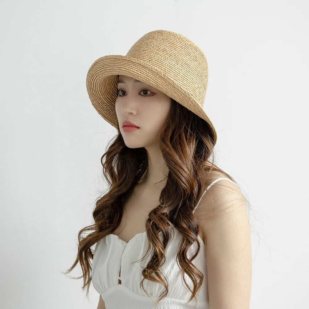 USPOP Women Spring and Summer Bow Raffia Bucket Hat, Foldable Fashionable Hand-woven Straw Hat, Fine Raffia Wide Brim Beach Hat