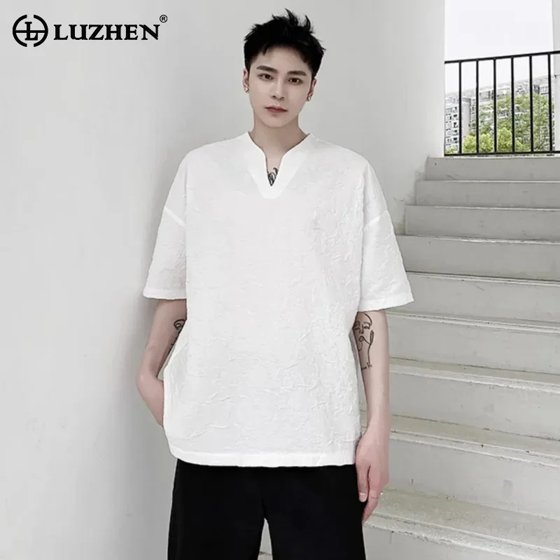 

LUZHEN Temperament High Quality V Neck Casual Tops Elegant Men's 2025 Summer Fashion Short Sleeve T-shirts Male Clothes JY2627