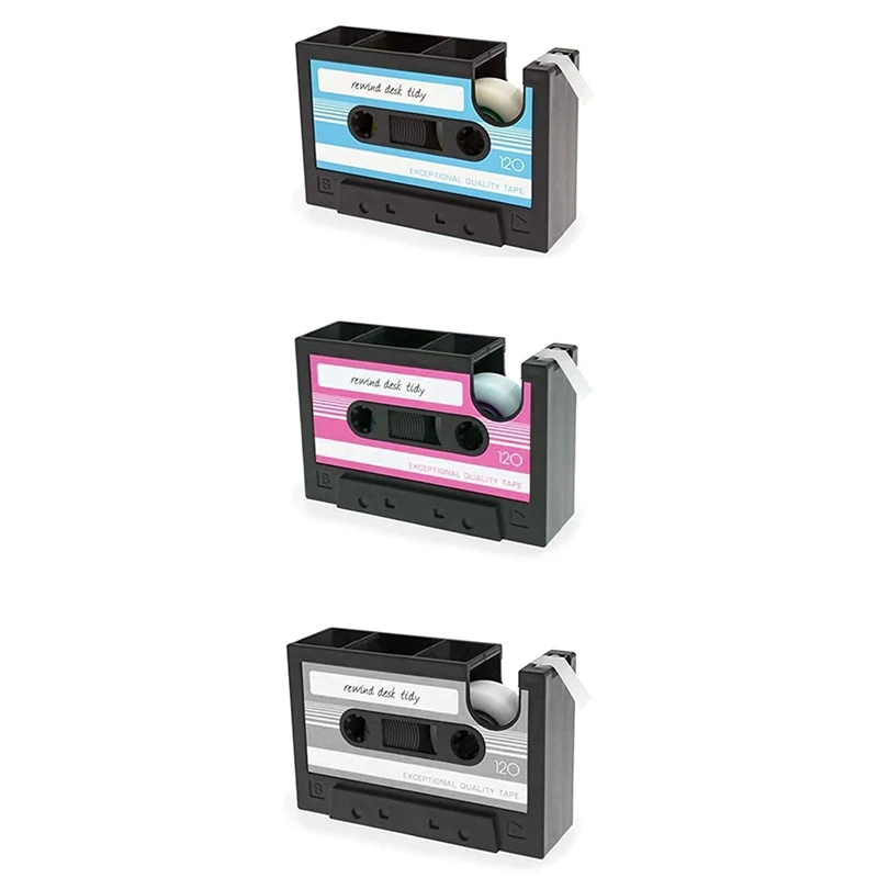 1 Piece Tape Dispenser Pen Holder Retro Cassette Tape Dispenser Funny Cute Tape Dispenser Blue-Black