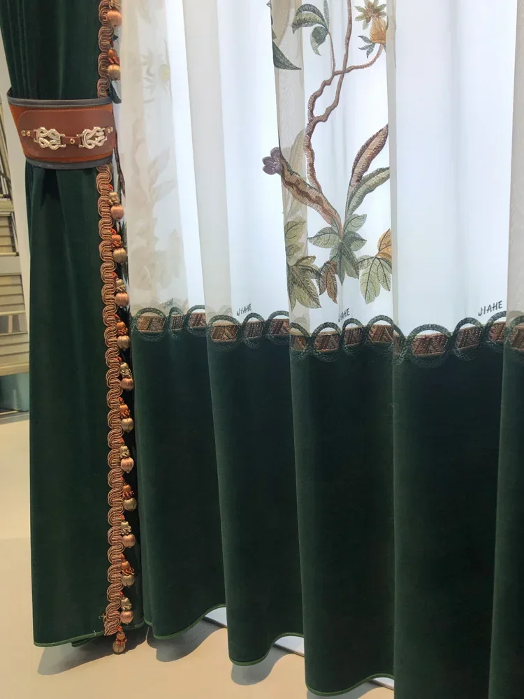 

Темно-зеленые вышитые оконные шторы в китайском стиле, вышитые заплатки для гостиной, спальни, французского окна по индивидуальному заказу