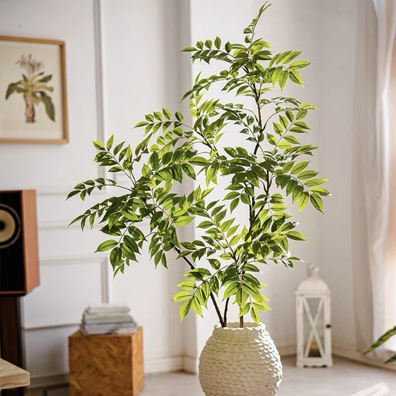 130cm Large Artificial Nandina Tree Branch Fake Lacquer Tree Plastic Banyan Plants Green Tall Palm Leaves For Home Garden Decor