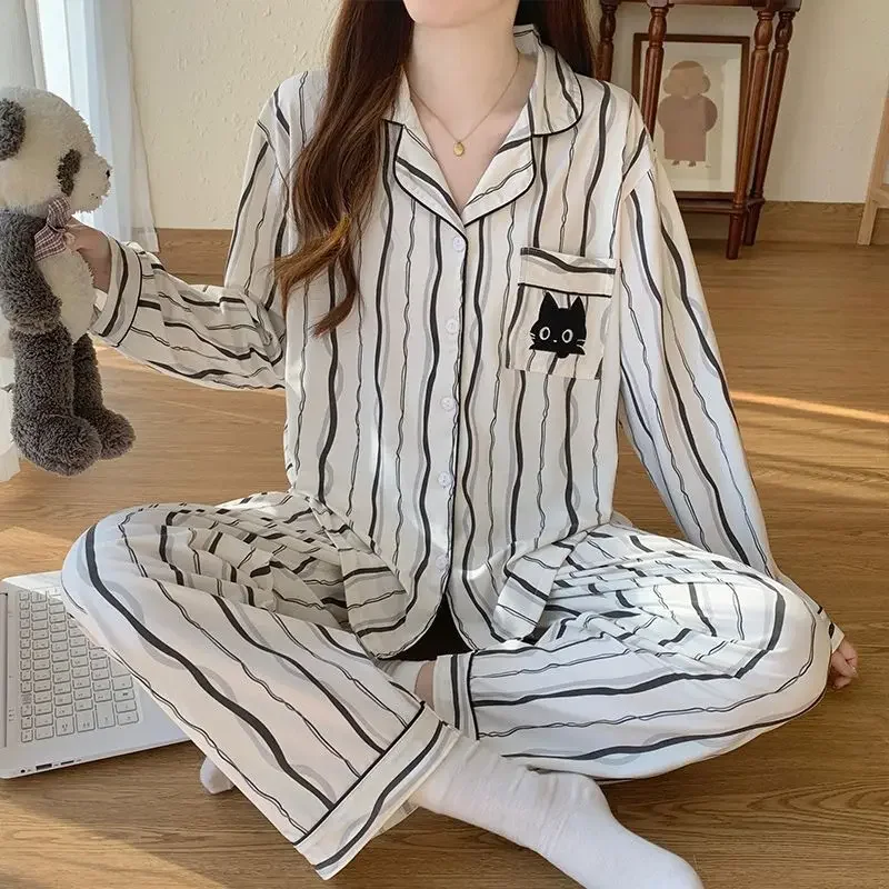 Pijamas Women Long-sleeved Pajamas Women's Autumn Winter Sleepwear New Simple Striped Loose Large-size Cardigan Loungewear Set