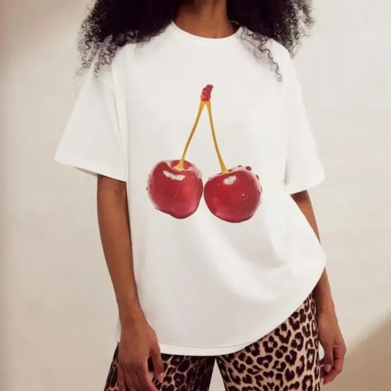 

Women's Cherry Print T Shirts Casual Short Sleeve Fashion Graphic Tees Summer Pattern Cotton Tops