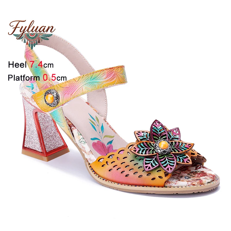 

Bohemian Style Appliques Flower Sandals For Woman 7.4CM Thick Heels Sheepskin Hollow Summer Dress Shoes Ladies handmade Sandals