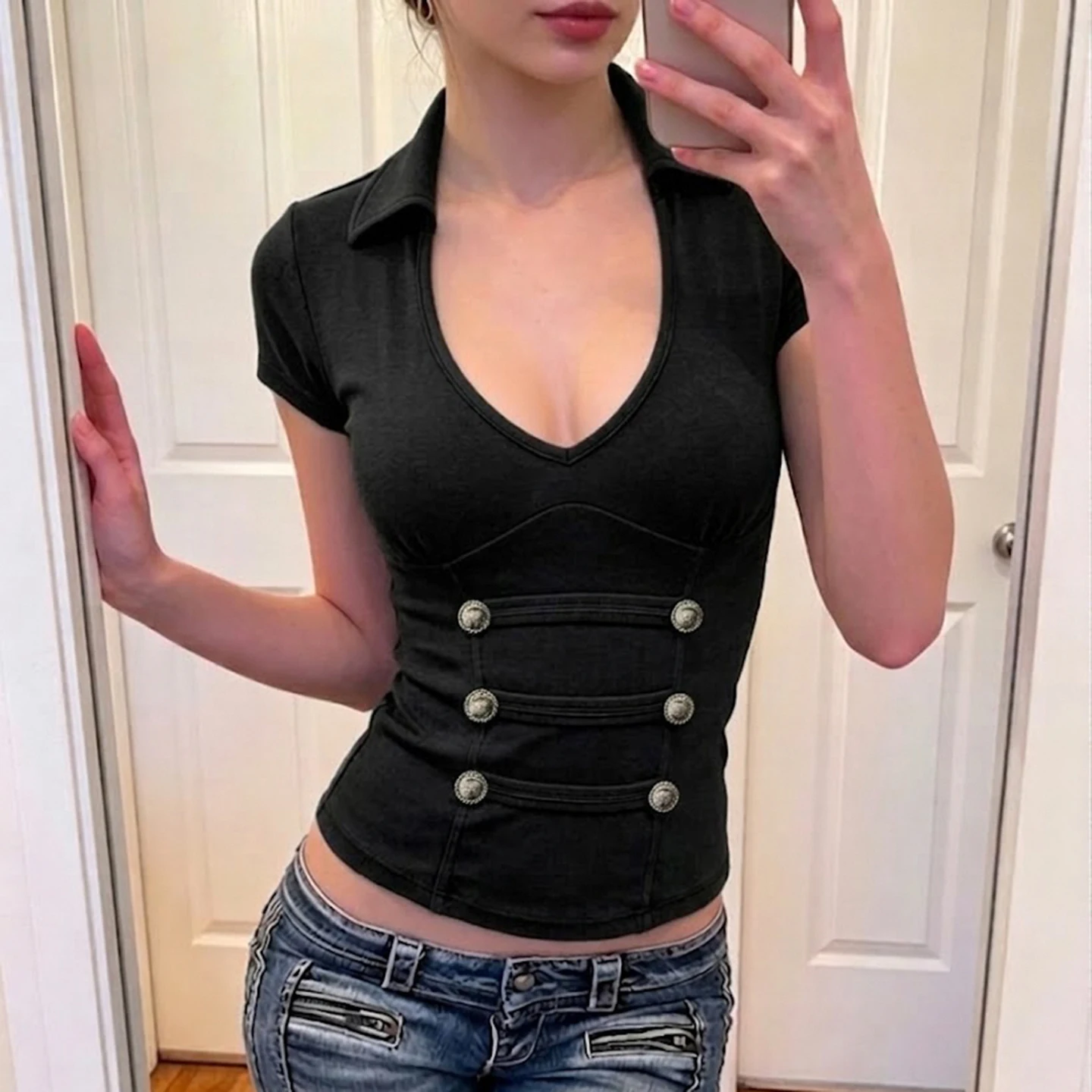 SUCHCUTE Women Y2K Lapel V Neck Short Sleeve Crop Top Double Row Metal Button Decor Slim Fitted Ribbed T-shirt Medieval Clothes
