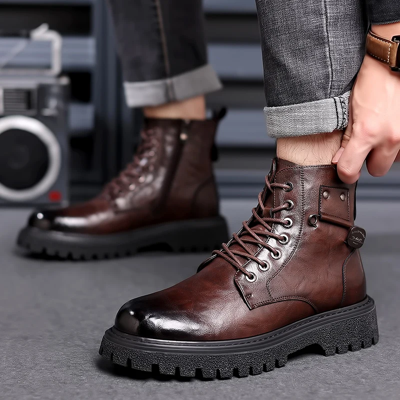 

Men Leather Boot lace up fashion British Style Man Design Shoes Autumn Mens Casual Sneakers high top Men's Outdoor ankle Boots