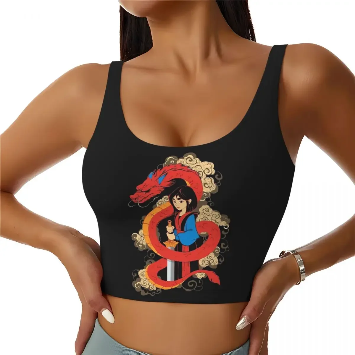 Mulan Mushu Dragon Crop Tank Tops Women's Seamless Yoga Running Sports Bras Lady Gym Short Sleeve Sportswear Anime Girls T-shirt