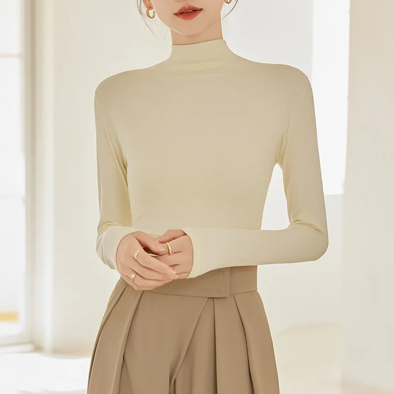 Half High Collar Base Shirt Women Long Sleeved T-shirt Spring and Autumn Slim Fit Inner Layer Autumn Clothes Mid Neck Black Top