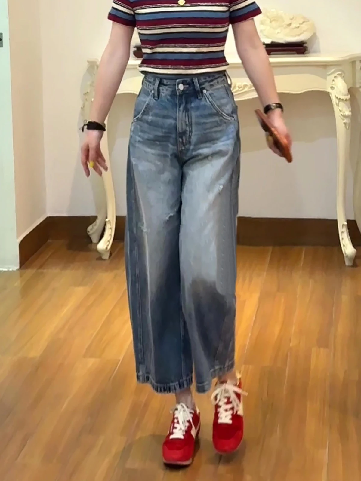 

Blue High Waist Wide Leg Straight Cut Jeans Women's Summer New Loose Slimming Nine-Piece Denim Pants Casual Style Hole Design