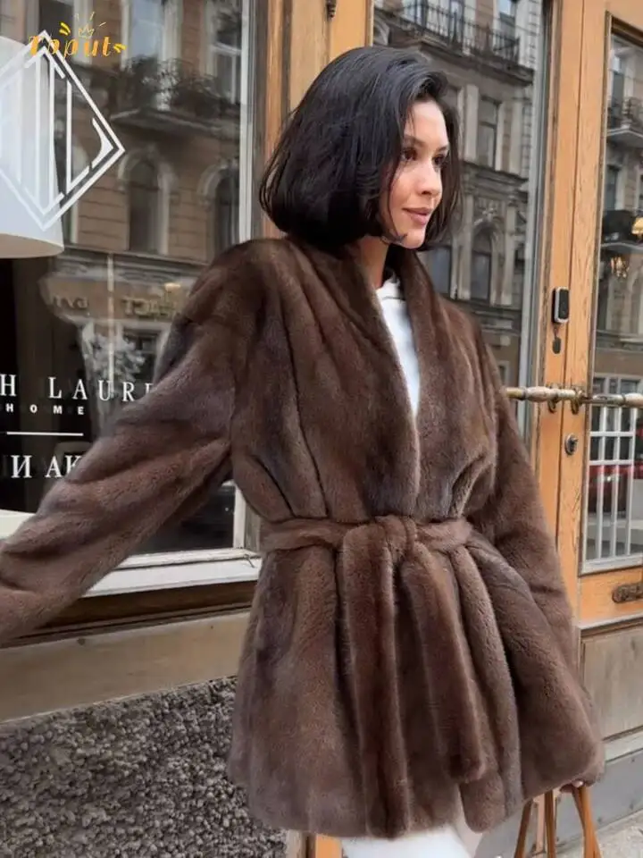 Women Luxury Lace Up Faux Fur Jacket Elegant V-Neck Long-Sleeved Loose Warm Coat Lady Winter Daily Commute High Street Outerwear