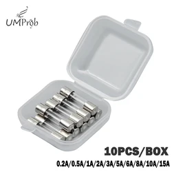 Fusible de tubo de vidrio de soplado rápido, kit surtido de 10 piezas, 5x20mm, 250V, F0.2A, 0.5A, 1A, 2A, 3A, 5A, 6A, 8A, 10A15A