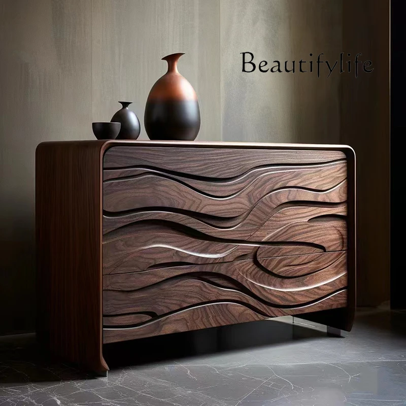 Retro Solid Wood Entrance Cabinet Designer Model Creative North American Black Walnut High-End Sideboard Cabinet