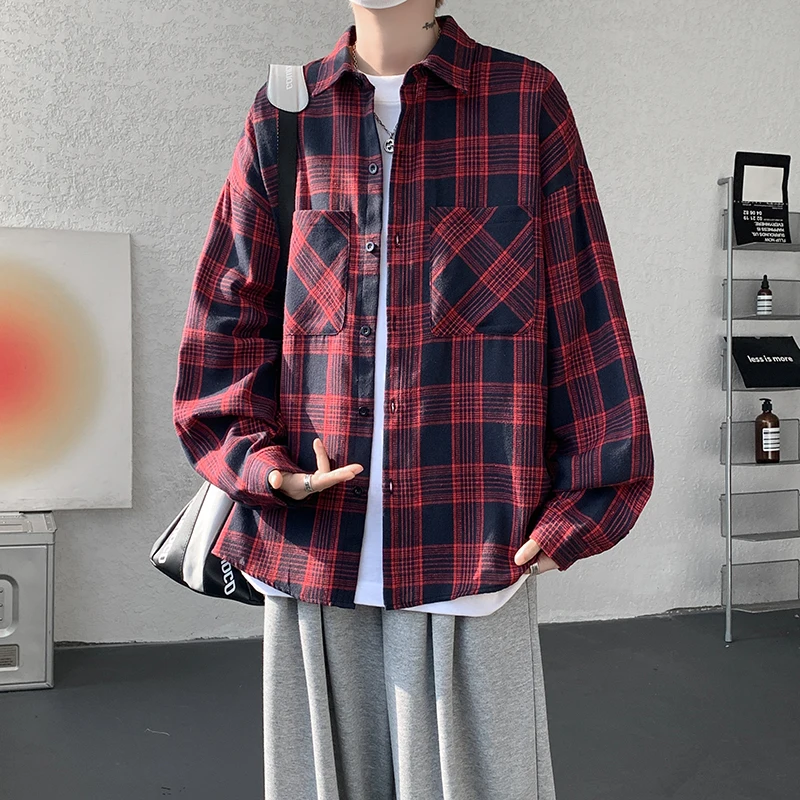 ​​Men's Autumn Flannel Plaid Shirt - Black (Burgundy/Navy) M-5XL | Loose Fit Hong Kong Style​ Autumn Wear Casual Daily Essential