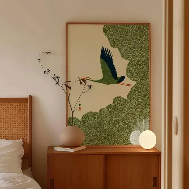 (No frame)(No frame)Vintage Japanese Green Style Scenery Poster Crane Frog Cat Owl Plant Canvas Painting Wall Art for Living
