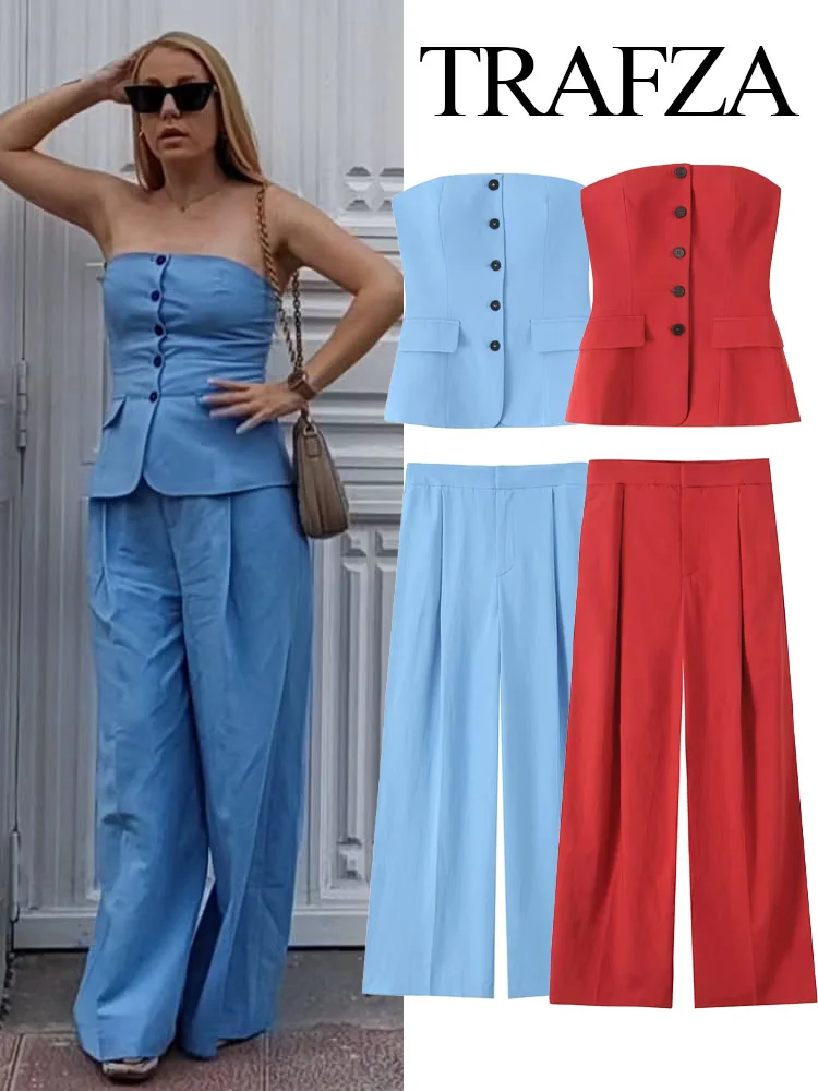 

TRAFZA 2025 2-Piece Set Women Fashion Sleeveless Single-Breasted Tube Top Vest+High Waist Pockets Pleated Casual Wide-Leg Pants
